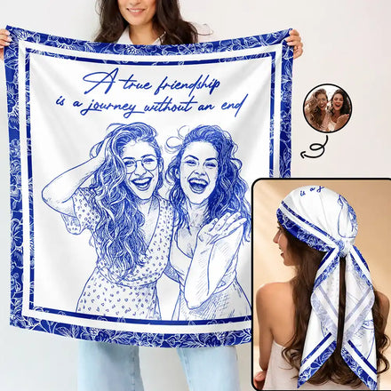 Custom Photo Pencil Sketch A True Friendship Is A Journey Without An End - Personalized Scarf