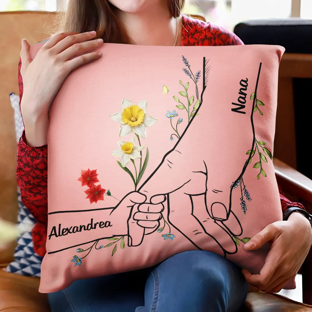Gift For Grandma, Sentimental, Icon - Hand In Hand Birth Flower Mom Kid Nana Grandkid - Personalized Pillow