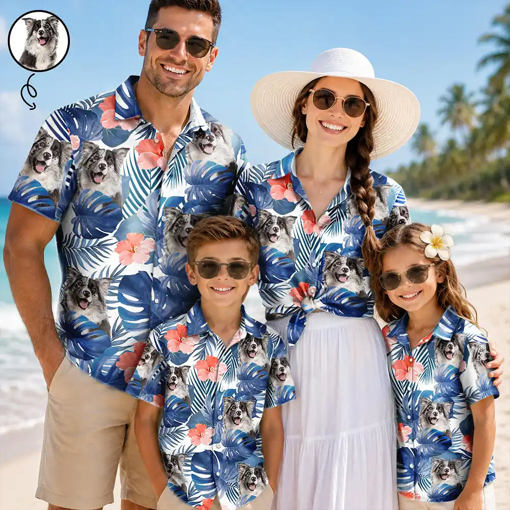 Custom Photo, Beach, Summer, Family, Playful, Remove BG Photo - Custom Photo Tropical Leaves Funny Family Pet Friend - Personalized Hawaiian Shirt