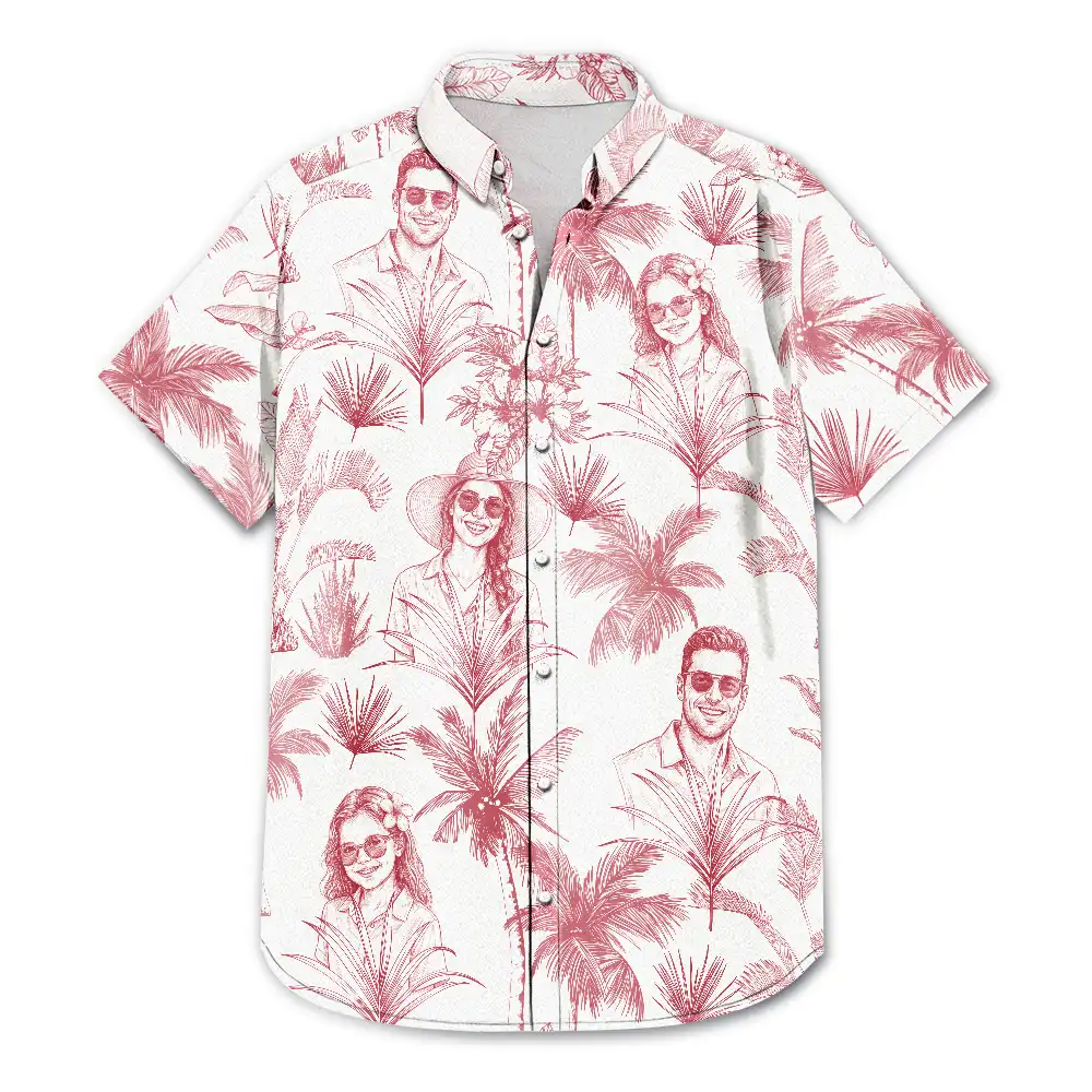 Custom Photo, Beach, Art Design, Summer, Family, Playful, Photo - Pencil Sketch - Remove BG - Custom Photo Pencil Sketch Toile De Jouy Pattern Family Pet Friend - Personalized Hawaiian Shirt
