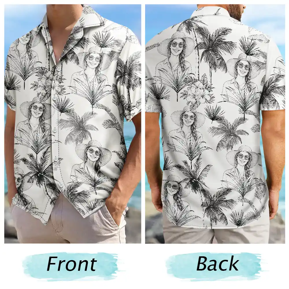 Custom Photo, Beach, Art Design, Summer, Family, Playful, Photo - Pencil Sketch - Remove BG - Custom Photo Pencil Sketch Toile De Jouy Pattern Family Pet Friend - Personalized Hawaiian Shirt