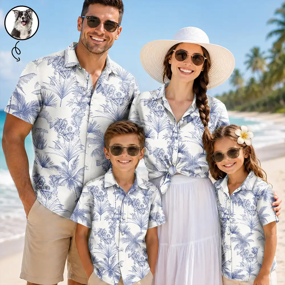 Custom Photo, Beach, Art Design, Summer, Family, Playful, Photo - Pencil Sketch - Remove BG - Custom Photo Pencil Sketch Toile De Jouy Pattern Family Pet Friend - Personalized Hawaiian Shirt