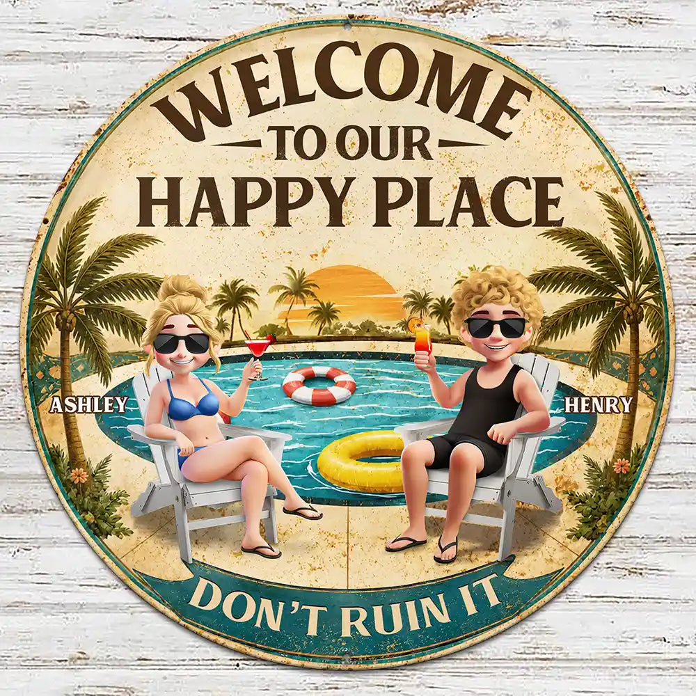 Poolside, Outdoor Decor, Summer, Gift For Couples, Humorous, Vector - Welcome To Our Happy Place Poolside - Personalized Custom Shaped Metal Sign