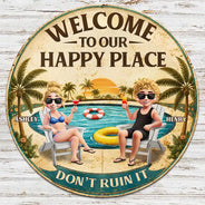 Poolside, Outdoor Decor, Summer, Gift For Couples, Humorous, Vector - Welcome To Our Happy Place Poolside - Personalized Custom Shaped Metal Sign