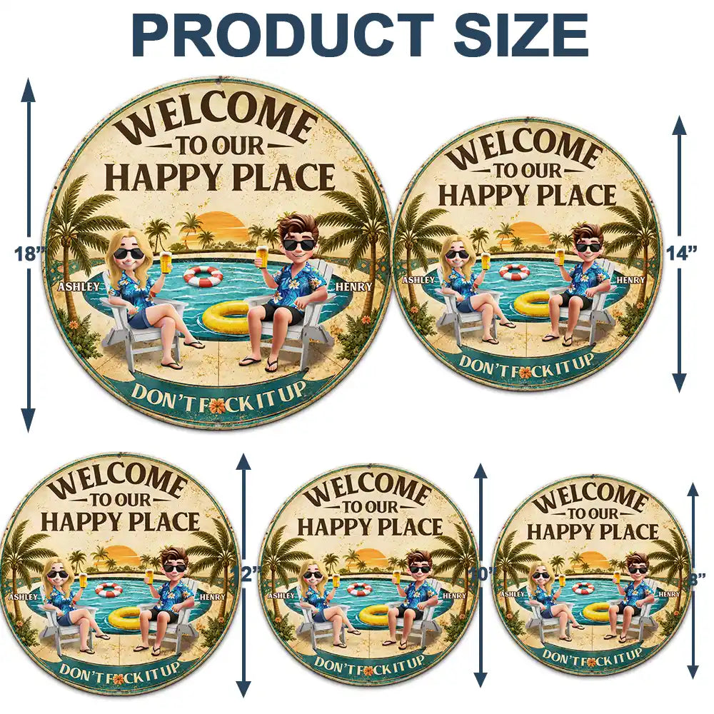 Poolside, Outdoor Decor, Summer, Gift For Couples, Humorous, Vector - Welcome To Our Happy Place Poolside - Personalized Custom Shaped Metal Sign