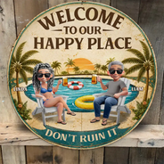 Poolside, Outdoor Decor, Summer, Gift For Couples, Humorous, Vector - Welcome To Our Happy Place Poolside - Personalized Custom Shaped Metal Sign