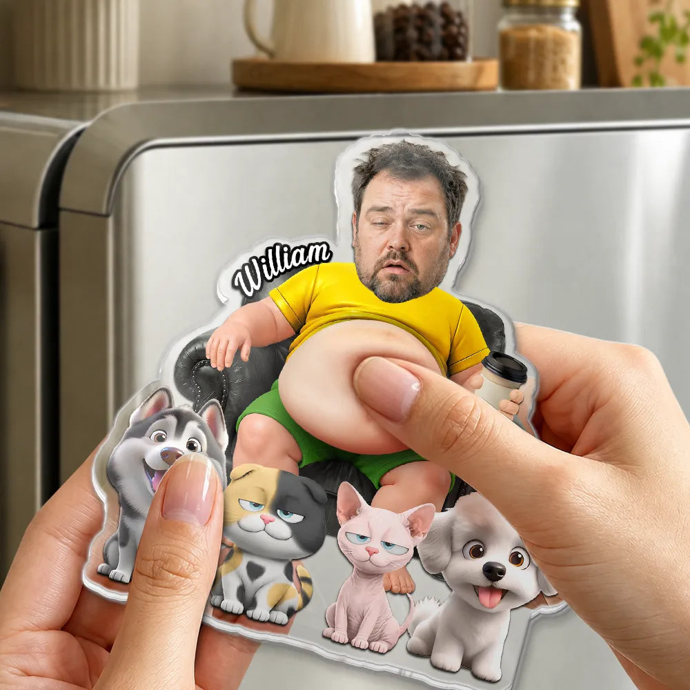 Pet Dad, Gift For Father, Humorous, Custom Photo, Pet Lovers, Cut-Face Photo - Custom Photo Dad Bod Dog Cat Lovers - Personalized Squishy Acrylic Fridge Magnet