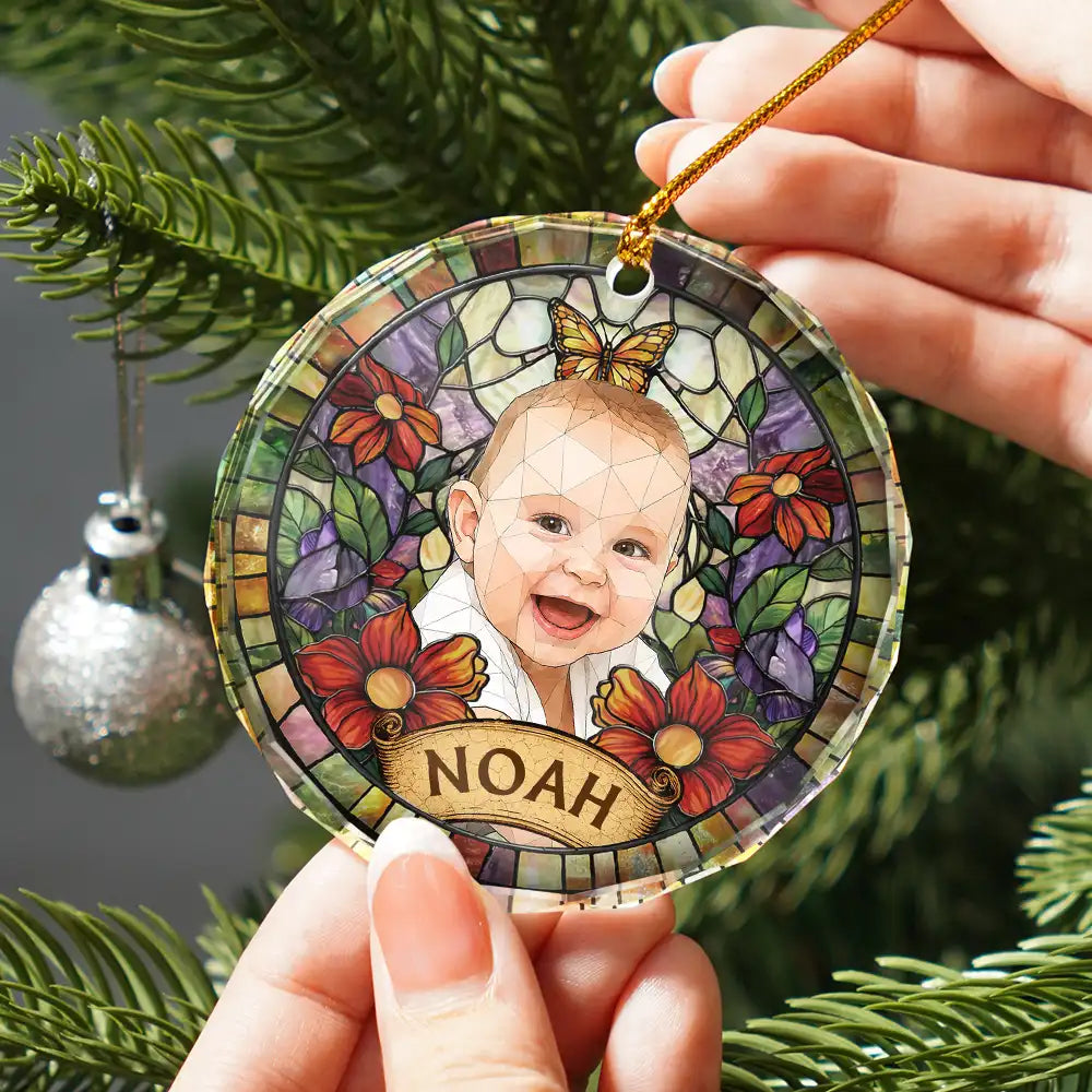 Art Design,Christmas,Cozy,Pet Lovers,Photo - Stained Glass - Custom Photo Stained Glass Dog Cat Family Flower - Personalized Circle Glass Ornament