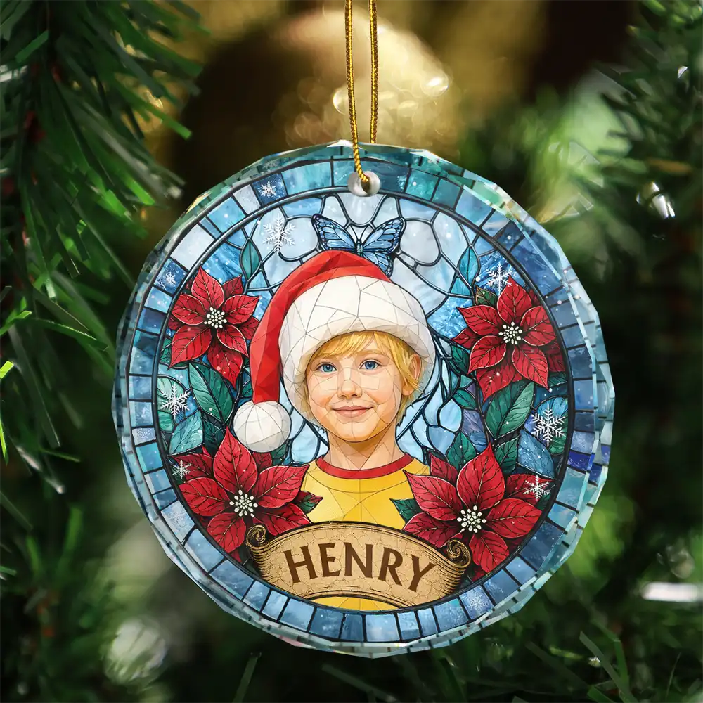 Art Design,Christmas,Cozy,Pet Lovers,Photo - Stained Glass - Custom Photo Stained Glass Dog Cat Family Flower - Personalized Circle Glass Ornament