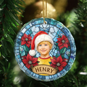 Art Design,Christmas,Cozy,Pet Lovers,Photo - Stained Glass - Custom Photo Stained Glass Dog Cat Family Flower - Personalized Circle Glass Ornament