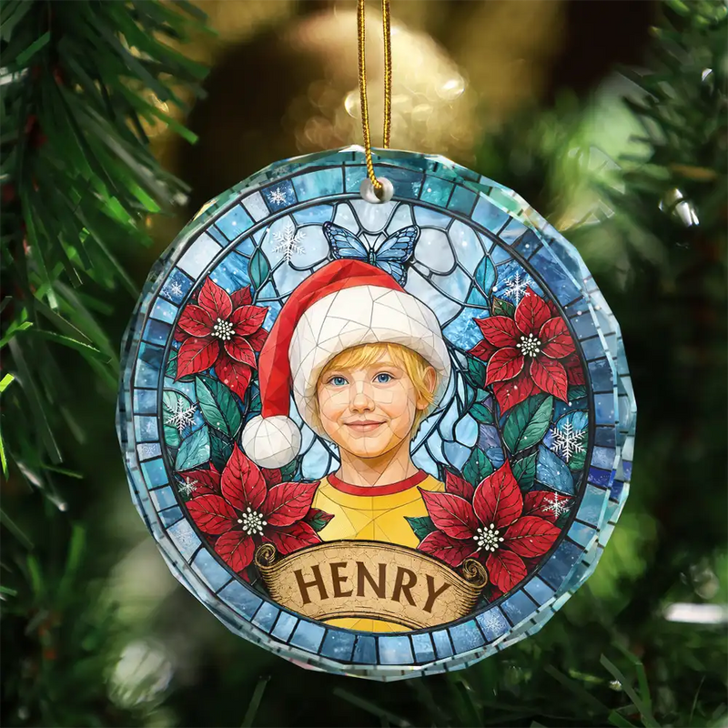 Art Design,Christmas,Cozy,Pet Lovers,Photo - Stained Glass - Custom Photo Stained Glass Dog Cat Family Flower - Personalized Circle Glass Ornament