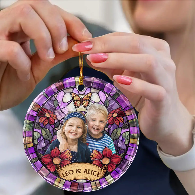 Art Design,Christmas,Cozy,Pet Lovers,Photo - Stained Glass - Custom Photo Stained Glass Dog Cat Family Flower - Personalized Circle Glass Ornament