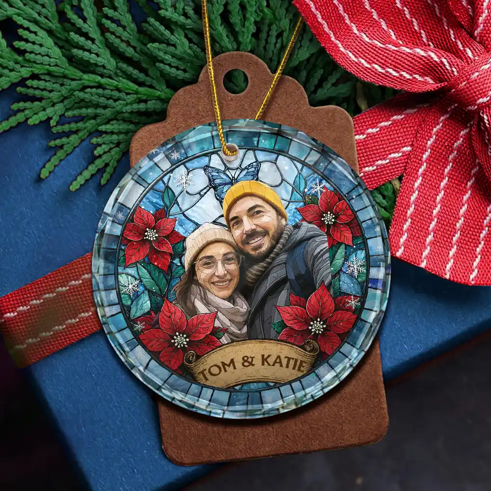Art Design,Christmas,Cozy,Pet Lovers,Photo - Stained Glass - Custom Photo Stained Glass Dog Cat Family Flower - Personalized Circle Glass Ornament