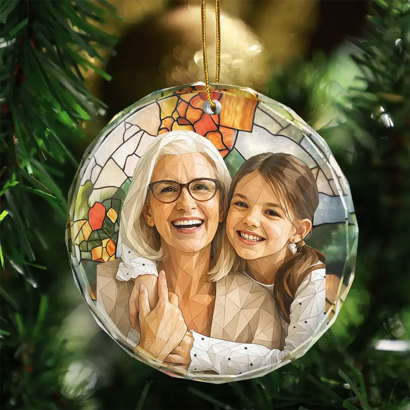 Art Design,Christmas,Gift For Grandma,Cozy,Photo - Stained Glass - Custom Photo Stained Glass Mom Grandma Parents Family Dog Cat - Personalized Circle Glass Ornament