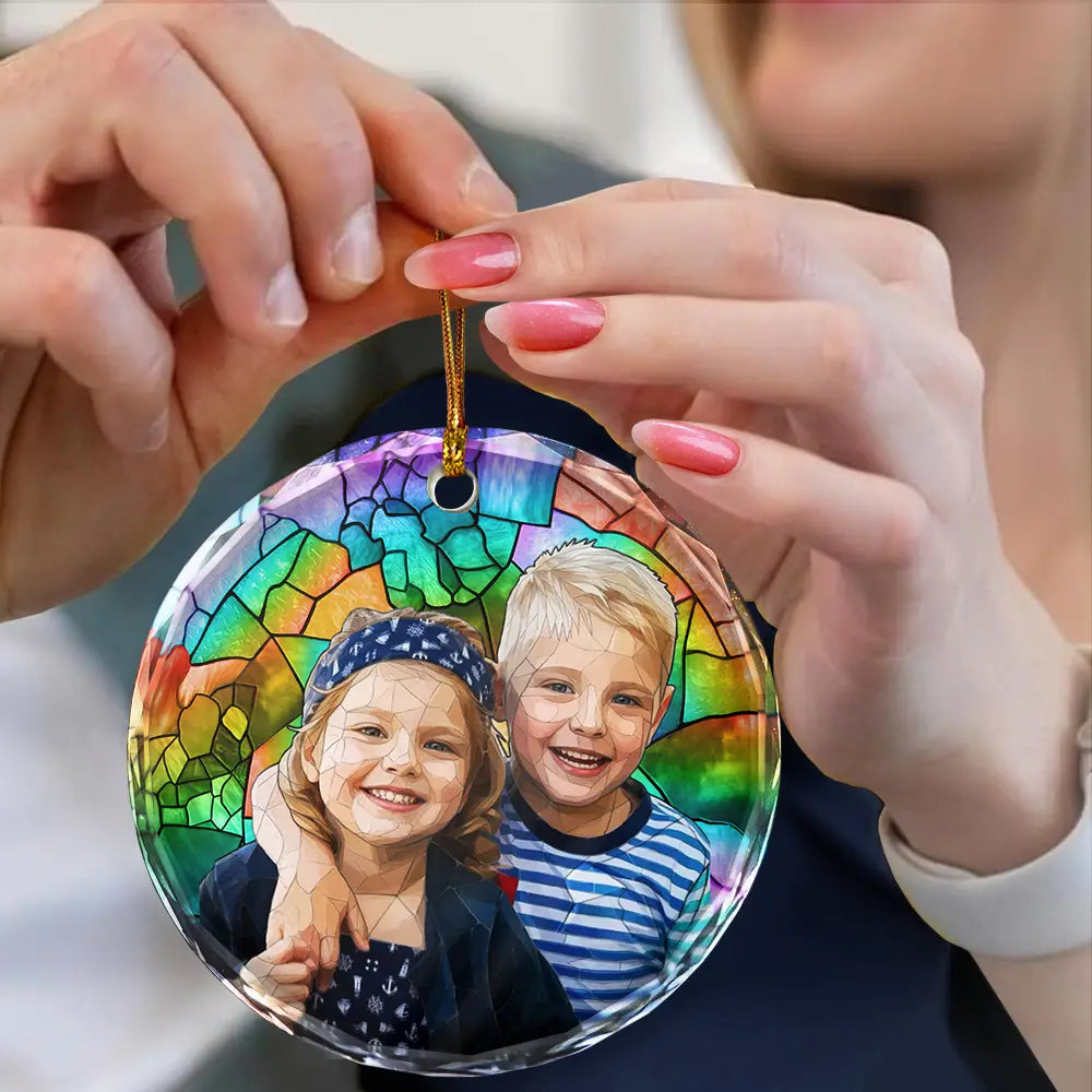 Art Design,Christmas,Gift For Grandma,Cozy,Photo - Stained Glass - Custom Photo Stained Glass Mom Grandma Parents Family Dog Cat - Personalized Circle Glass Ornament