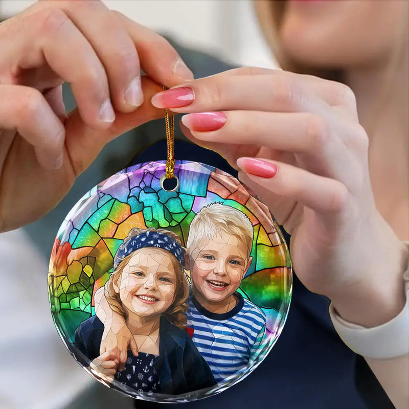 Art Design,Christmas,Gift For Grandma,Cozy,Photo - Stained Glass - Custom Photo Stained Glass Mom Grandma Parents Family Dog Cat - Personalized Circle Glass Ornament