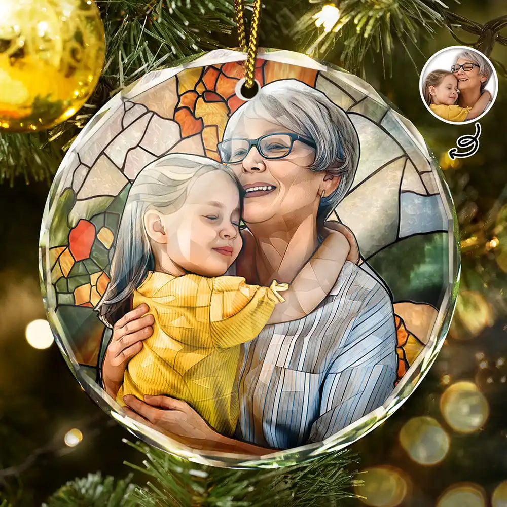 Art Design,Christmas,Gift For Grandma,Cozy,Photo - Stained Glass - Custom Photo Stained Glass Mom Grandma Parents Family Dog Cat - Personalized Circle Glass Ornament