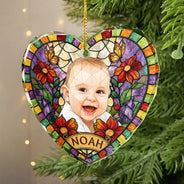 Art Design,Christmas,Cozy,Pet Lovers,Photo - Stained Glass - Custom Photo Stained Glass Dog Cat Family Flower - Personalized Heart Shaped Glass Ornament