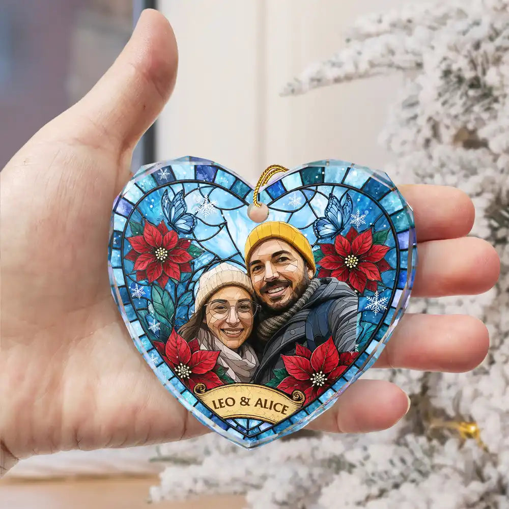 Art Design,Christmas,Cozy,Pet Lovers,Photo - Stained Glass - Custom Photo Stained Glass Dog Cat Family Flower - Personalized Heart Shaped Glass Ornament