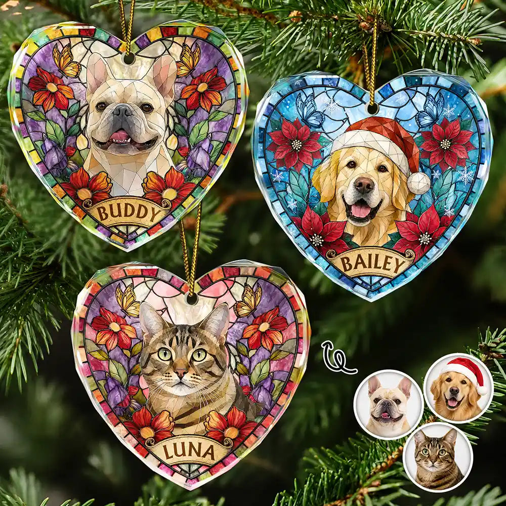 Custom Photo Stained Glass Dog Cat Family Flower - Personalized Heart Shaped Glass Ornament