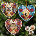 Art Design,Christmas,Cozy,Pet Lovers,Photo - Stained Glass - Custom Photo Stained Glass Dog Cat Family Flower - Personalized Heart Shaped Glass Ornament