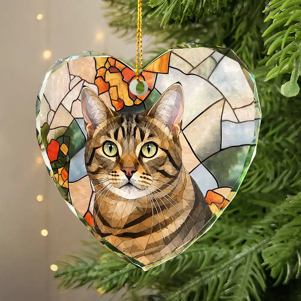Art Design,Christmas,Gift For Grandma,Cozy,Photo - Stained Glass - Custom Photo Stained Glass Mom Grandm Parents Family Dog Cat - Personalized Heart Shaped Glass Ornament