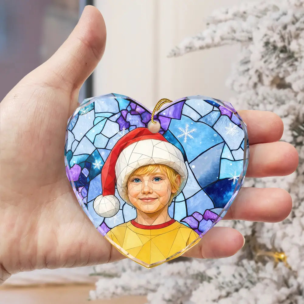 Art Design,Christmas,Gift For Grandma,Cozy,Photo - Stained Glass - Custom Photo Stained Glass Mom Grandm Parents Family Dog Cat - Personalized Heart Shaped Glass Ornament