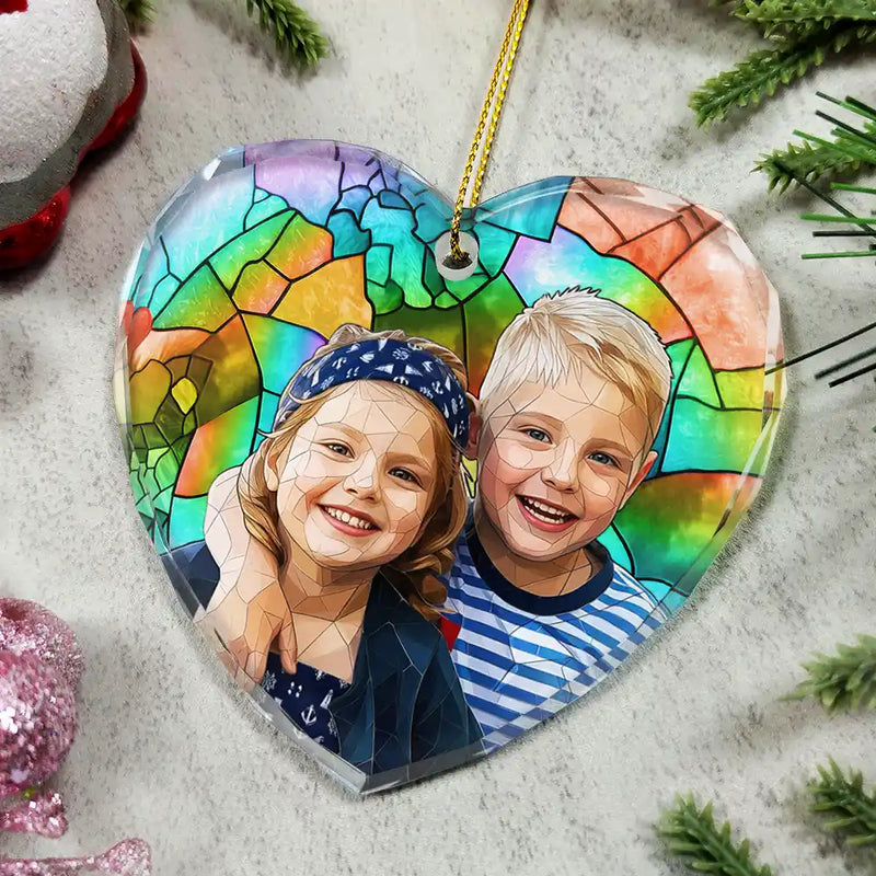 Art Design,Christmas,Gift For Grandma,Cozy,Photo - Stained Glass - Custom Photo Stained Glass Mom Grandm Parents Family Dog Cat - Personalized Heart Shaped Glass Ornament