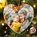 Art Design,Christmas,Gift For Grandma,Cozy,Photo - Stained Glass - Custom Photo Stained Glass Mom Grandm Parents Family Dog Cat - Personalized Heart Shaped Glass Ornament