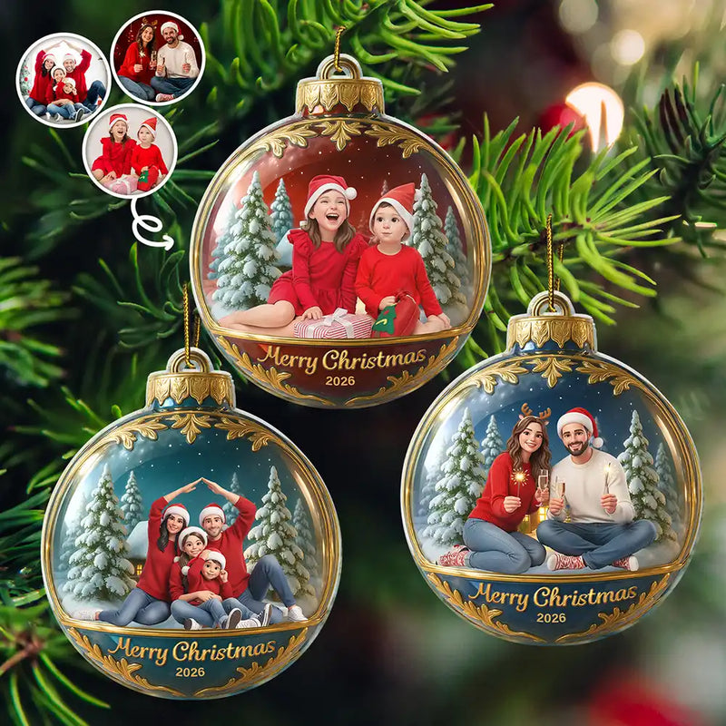 Art Design,Christmas,Family,Photo - Cartoon Portrait,Happy - Custom Photo Cartoon Portrait Merry Christmas Happy Family - Personalized Custom Shaped Acrylic Ornament