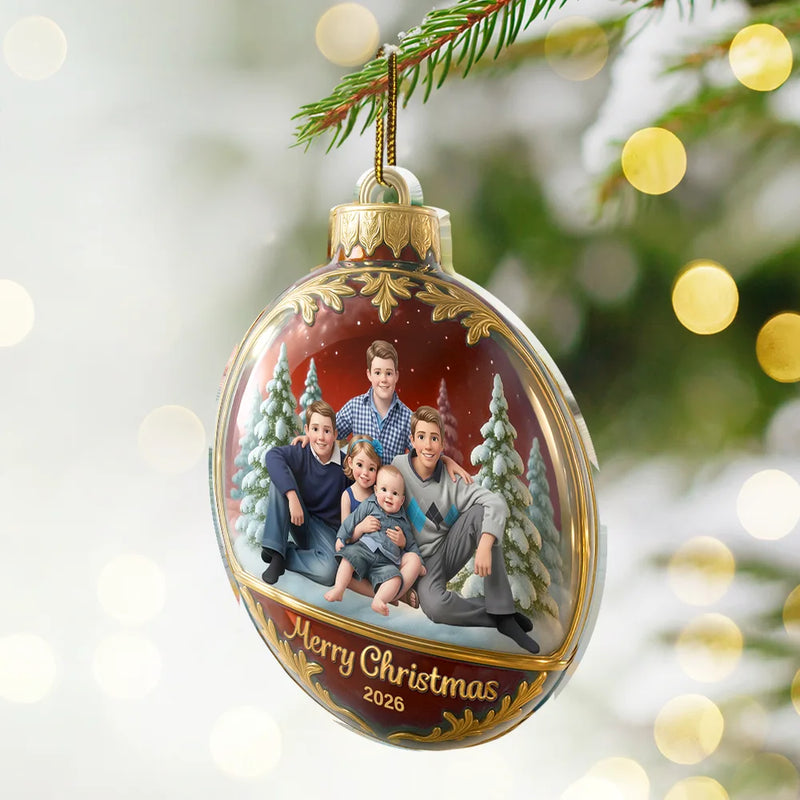 Art Design,Christmas,Family,Photo - Cartoon Portrait,Happy - Custom Photo Cartoon Portrait Merry Christmas Happy Family - Personalized Custom Shaped Acrylic Ornament