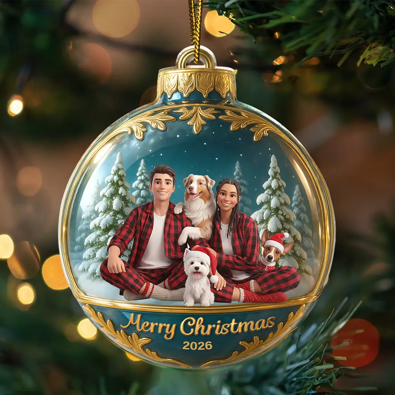 Art Design,Christmas,Family,Photo - Cartoon Portrait,Happy - Custom Photo Cartoon Portrait Merry Christmas Happy Family - Personalized Custom Shaped Acrylic Ornament