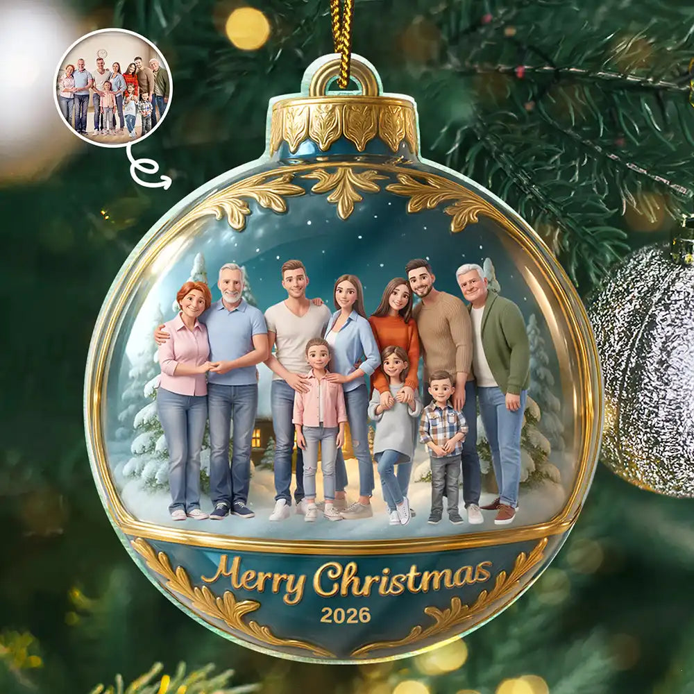 Art Design,Christmas,Family,Photo - Cartoon Portrait,Happy - Custom Photo Cartoon Portrait Merry Christmas Happy Family - Personalized Custom Shaped Acrylic Ornament