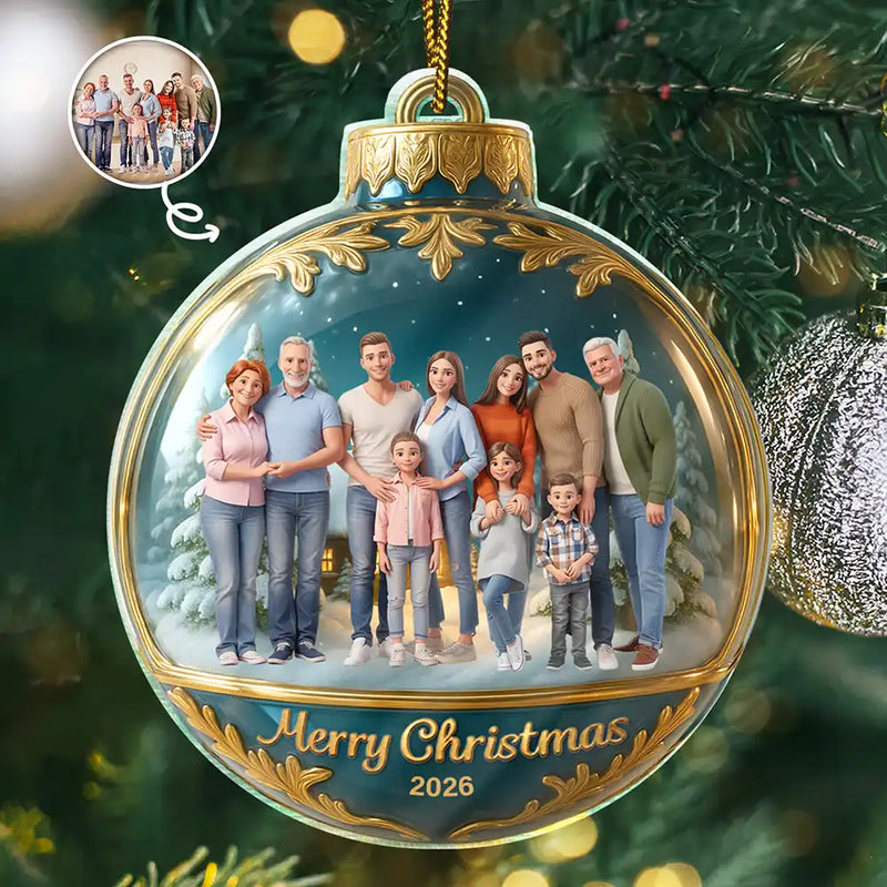 Art Design,Christmas,Family,Photo - Cartoon Portrait,Happy - Custom Photo Cartoon Portrait Merry Christmas Happy Family - Personalized Custom Shaped Acrylic Ornament