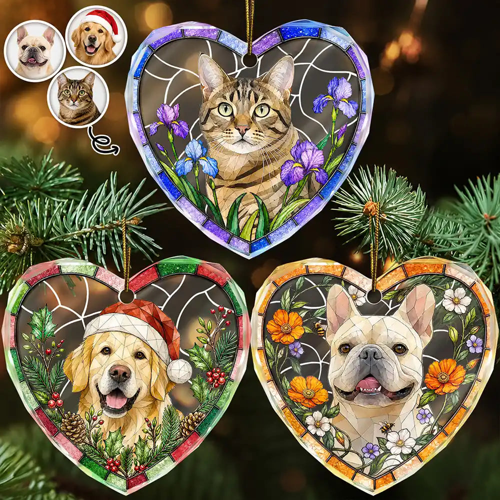 Art Design,Christmas,Cozy,Family,Photo - Stained Glass - Custom Photo Stained Glass Dog Cat Family Blue Flower - Personalized Heart Shaped Glass Ornament