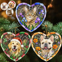 Art Design,Christmas,Cozy,Family,Photo - Stained Glass - Custom Photo Stained Glass Dog Cat Family Blue Flower - Personalized Heart Shaped Glass Ornament