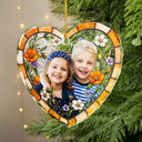 Art Design,Christmas,Cozy,Family,Photo - Stained Glass - Custom Photo Stained Glass Dog Cat Family Blue Flower - Personalized Heart Shaped Glass Ornament