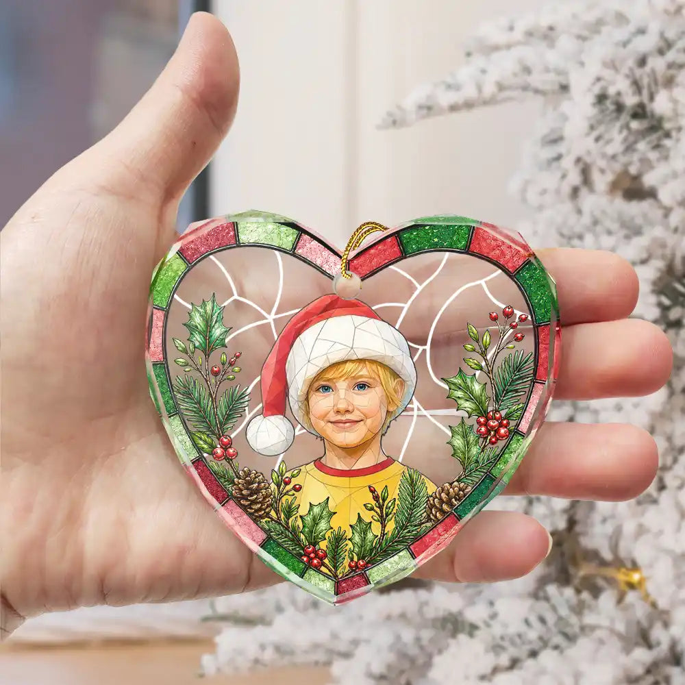 Art Design,Christmas,Cozy,Family,Photo - Stained Glass - Custom Photo Stained Glass Dog Cat Family Blue Flower - Personalized Heart Shaped Glass Ornament