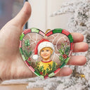 Art Design,Christmas,Cozy,Family,Photo - Stained Glass - Custom Photo Stained Glass Dog Cat Family Blue Flower - Personalized Heart Shaped Glass Ornament