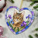 Art Design,Christmas,Cozy,Family,Photo - Stained Glass - Custom Photo Stained Glass Dog Cat Family Blue Flower - Personalized Heart Shaped Glass Ornament