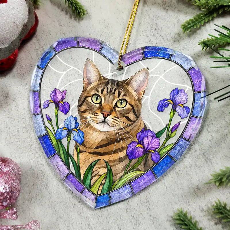 Art Design,Christmas,Cozy,Family,Photo - Stained Glass - Custom Photo Stained Glass Dog Cat Family Blue Flower - Personalized Heart Shaped Glass Ornament