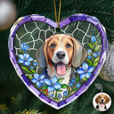 Art Design,Christmas,Cozy,Family,Photo - Stained Glass - Custom Photo Stained Glass Dog Cat Family Blue Flower - Personalized Heart Shaped Glass Ornament