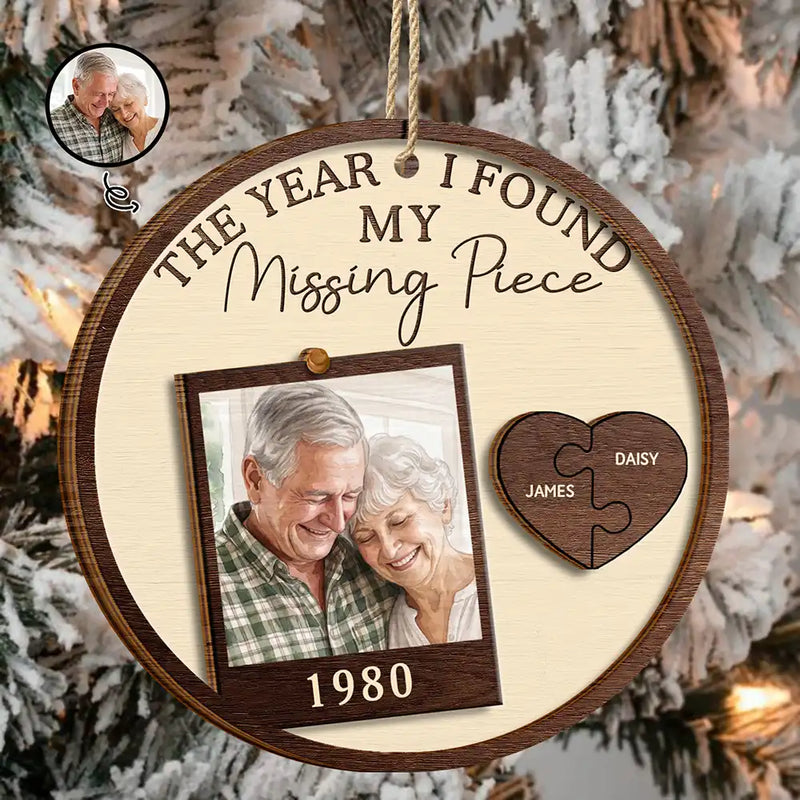 Art Design,Christmas,Romantic,Gift For Couples,Photo - Watercolor - With BG - Custom Photo Watercolor Painting The Year I Found My Missing Piece Couples - Personalized 2-Layered Wooden Ornament