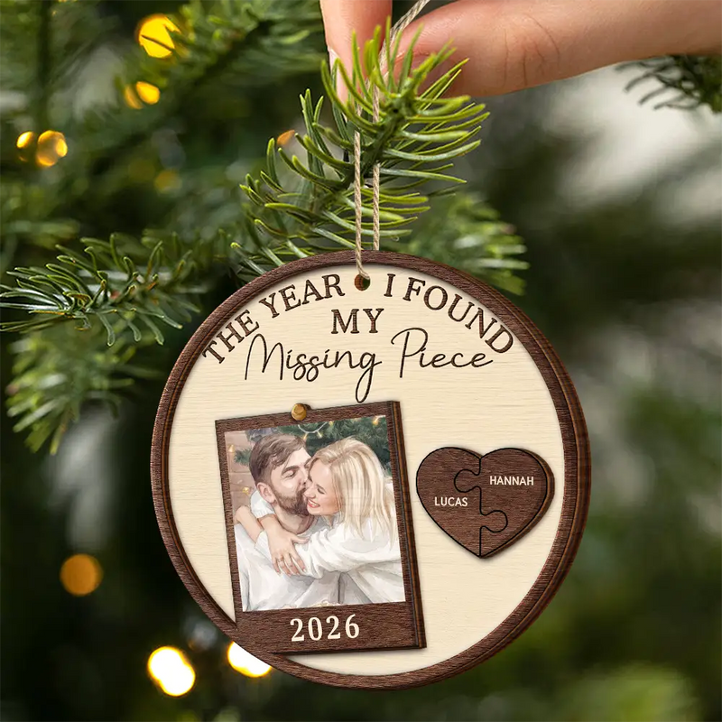 Art Design,Christmas,Romantic,Gift For Couples,Photo - Watercolor - With BG - Custom Photo Watercolor Painting The Year I Found My Missing Piece Couples - Personalized 2-Layered Wooden Ornament