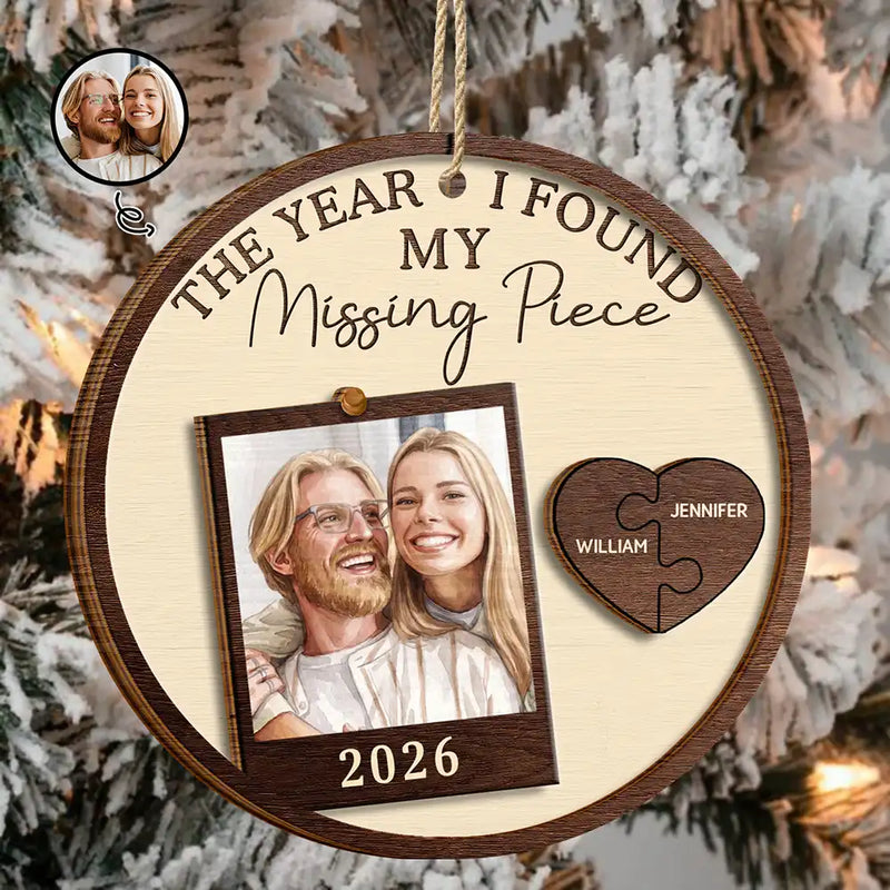 Art Design,Christmas,Romantic,Gift For Couples,Photo - Watercolor - With BG - Custom Photo Watercolor Painting The Year I Found My Missing Piece Couples - Personalized 2-Layered Wooden Ornament
