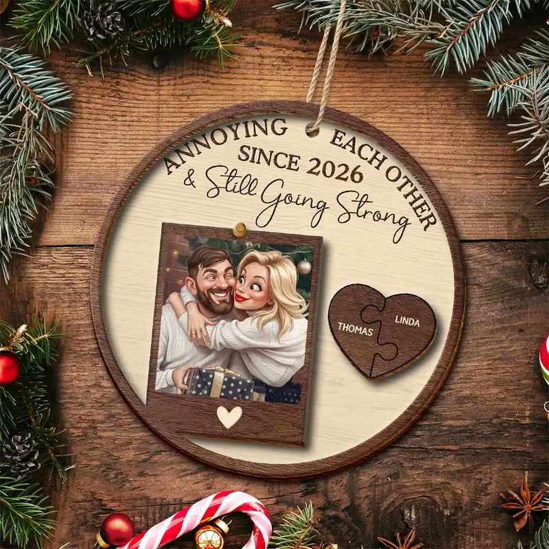 Art Design,Christmas,Humorous,Old Couples,Gift For Couples,Photo - Caricature - With BG - Custom Photo Caricature Annoying Each Other And Still Going Strong - Personalized 2-Layered Wooden Ornament