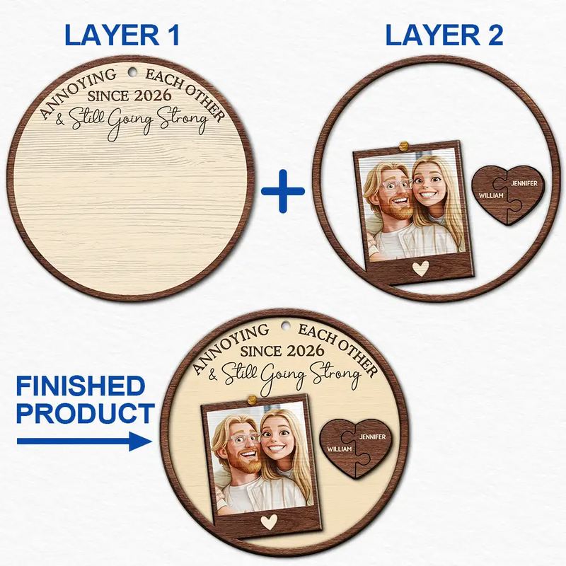 Art Design,Christmas,Humorous,Old Couples,Gift For Couples,Photo - Caricature - With BG - Custom Photo Caricature Annoying Each Other And Still Going Strong - Personalized 2-Layered Wooden Ornament