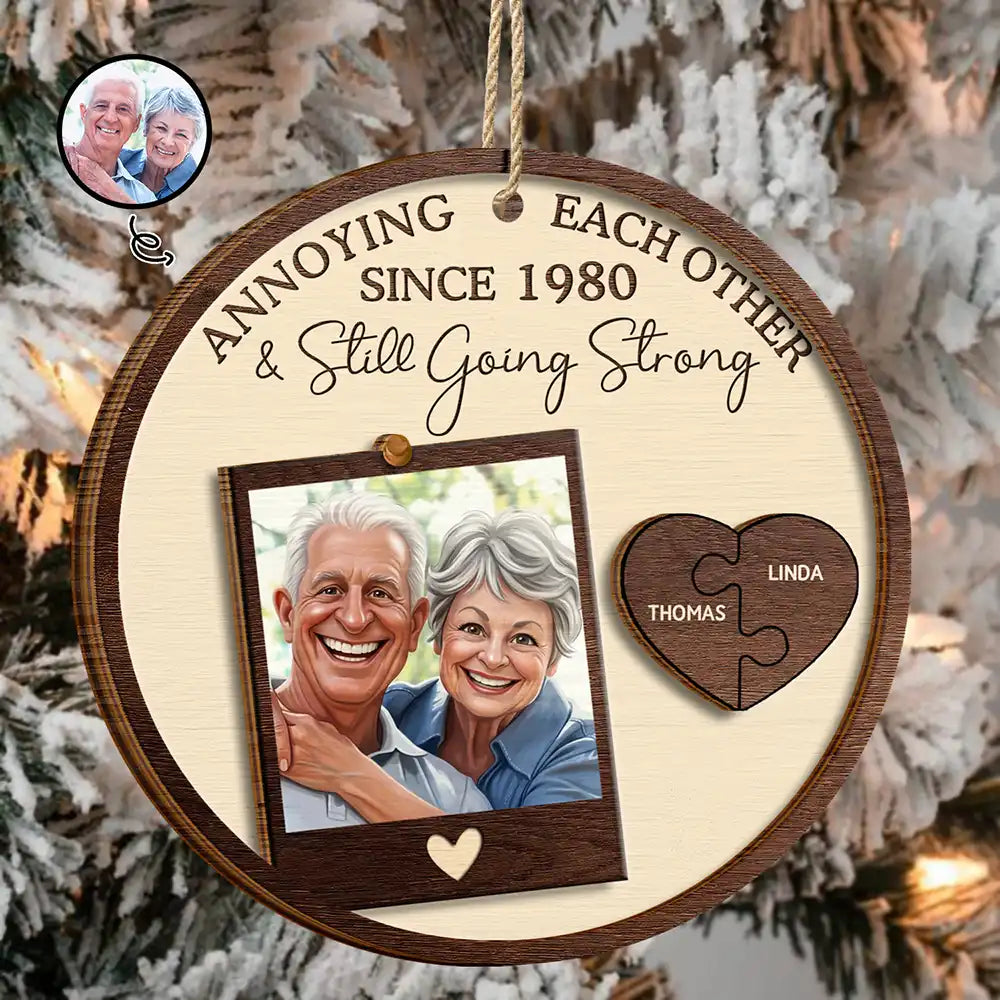 Custom Photo Caricature Annoying Each Other And Still Going Strong - Personalized 2-Layered Wooden Ornament