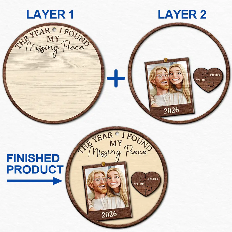 Art Design, Christmas, Romantic, Gift For Couples, Photo - Caricature - With BG - Custom Photo Caricature The Year I Found My Missing Piece Couples - Personalized 2-Layered Wooden Ornament