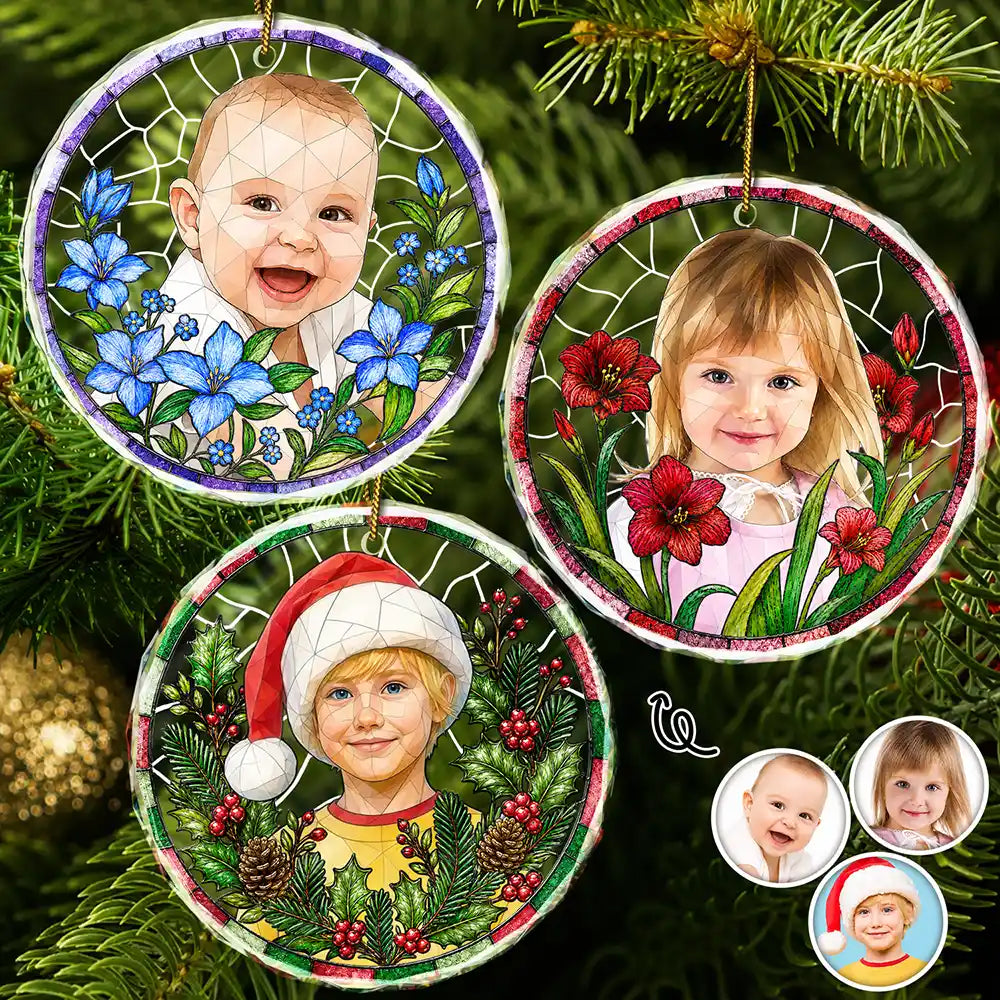 Art Design,Christmas,Cozy,Pet Lovers,Photo - Stained Glass - Custom Photo Stained Glass Dog Cat Family Blue Flower - Personalized Circle Glass Ornament